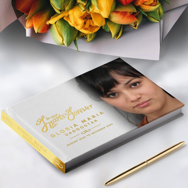 In our hearts forever funeral photo white gold guest book (Creator Uploaded)