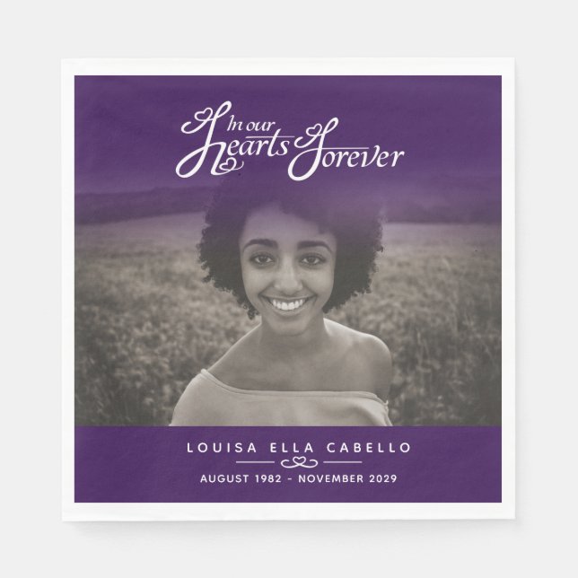 In our hearts forever photo purple funeral napkins (Front)