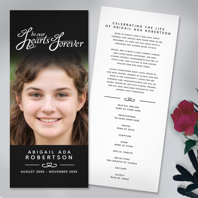 In our hearts funeral program black white rack card (Creator Uploaded)