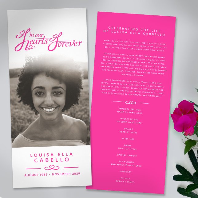 In our hearts funeral program white and pink rack card (Creator Uploaded)