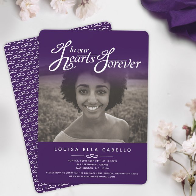 In our hearts photo funeral purple invitations (Creator Uploaded)