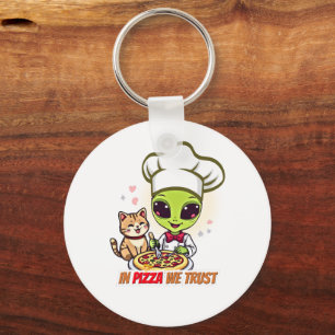 In Pizza We Trust Alien Chef Art Key Ring