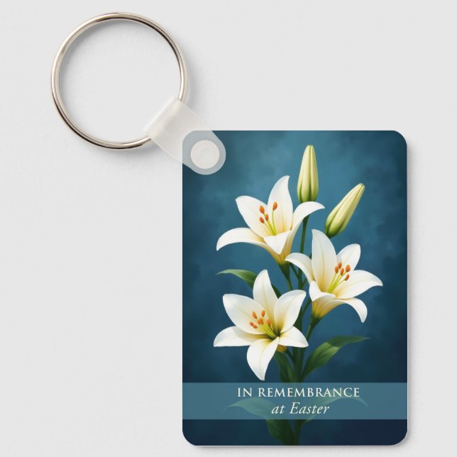 In Remembrance at Easter White Lilies on Blue Key Ring (Front)