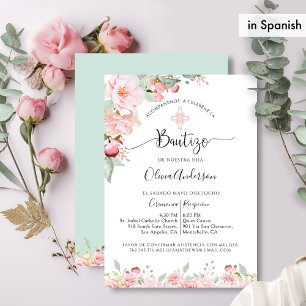 In Spanish Chic Baptism Rose Gold, Mint Floral Invitation