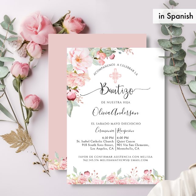 In Spanish, Elegant Baptism Blush Pink Floral Invitation (Creator Uploaded)