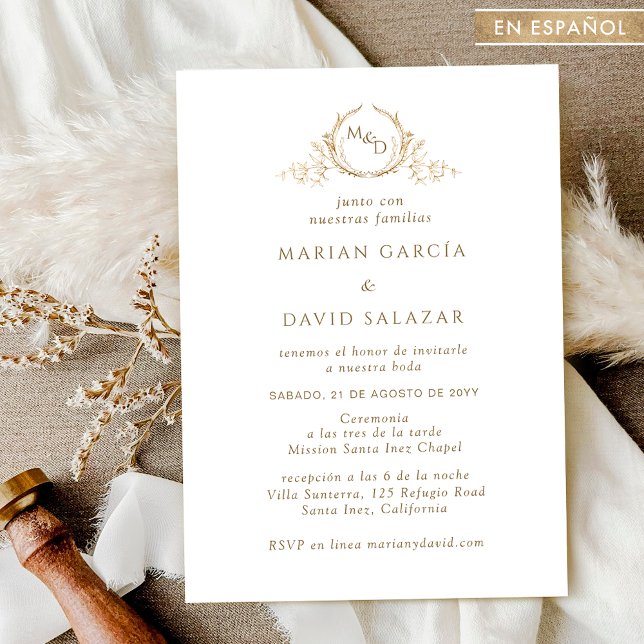 In Spanish, Elegant Gold Monogram Wedding Invitation (Creator Uploaded)