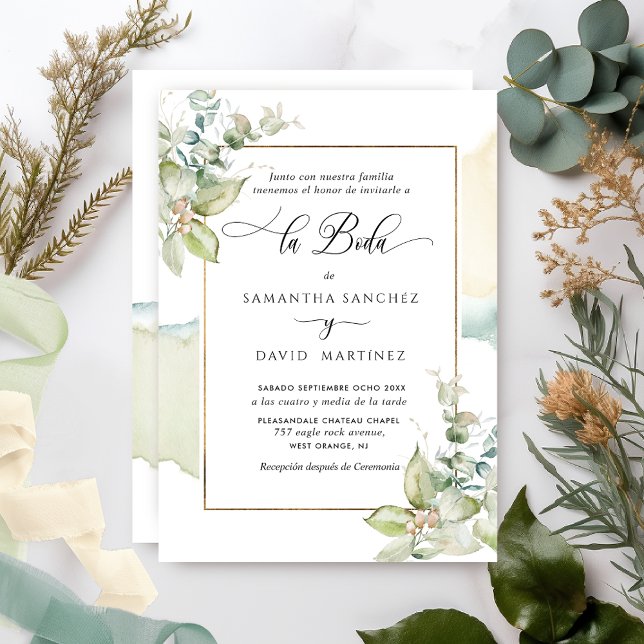 In Spanish, Elegant Greenery Wedding Invitation (Creator Uploaded)