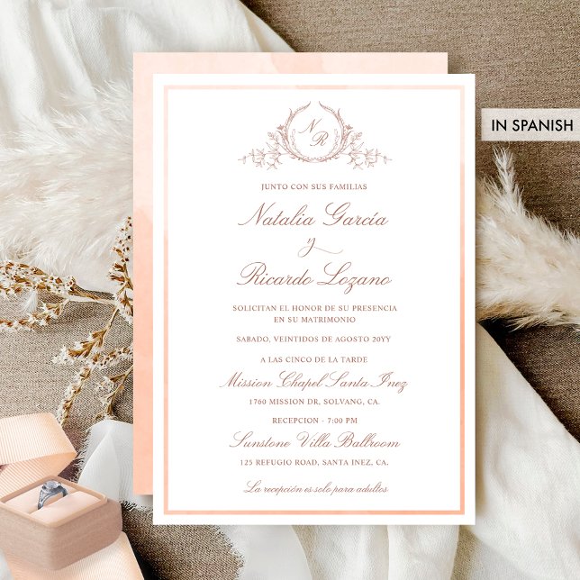 In Spanish, Elegant Peach Monogram Wedding  Invitation (Creator Uploaded)