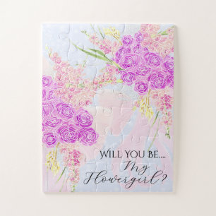 In The Blue-Pink Bow and Rose Bouquet-Flower Girl Jigsaw Puzzle