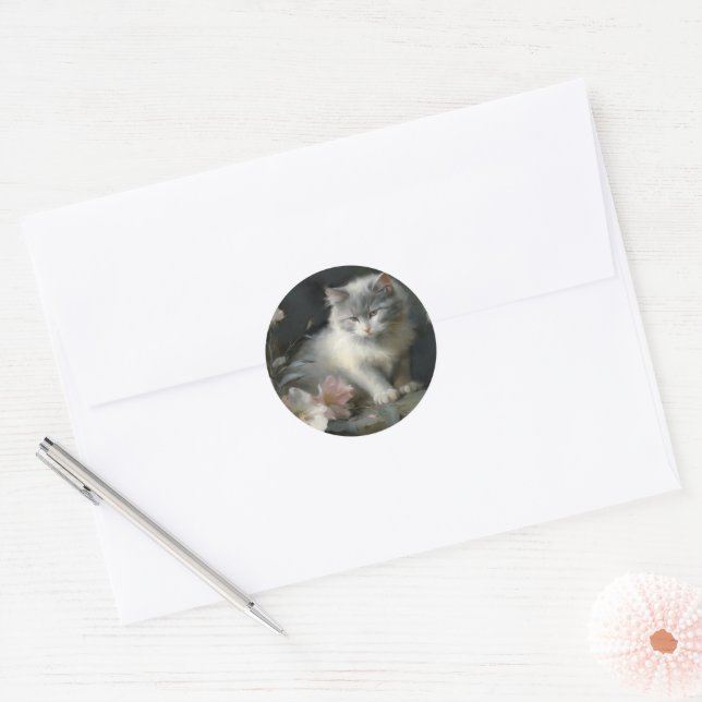 In The Company Of Flowers Grey and White Kitten Classic Round Sticker (Envelope)