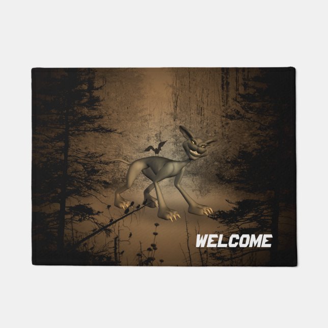 In the dark forest with funny cat and bird doormat (Front)