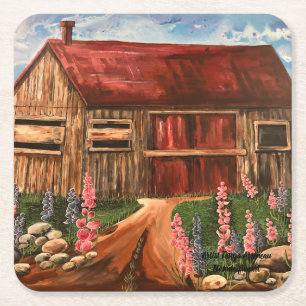 In the Field Rustic Cottage Scene Flowers Square Paper Coaster