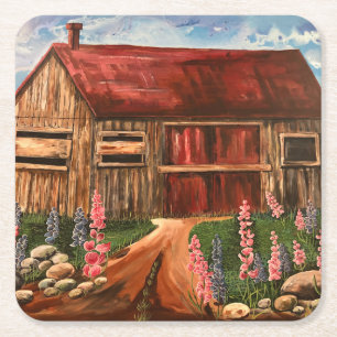 In the Field Rustic cottage scene flowers Square Paper Coaster