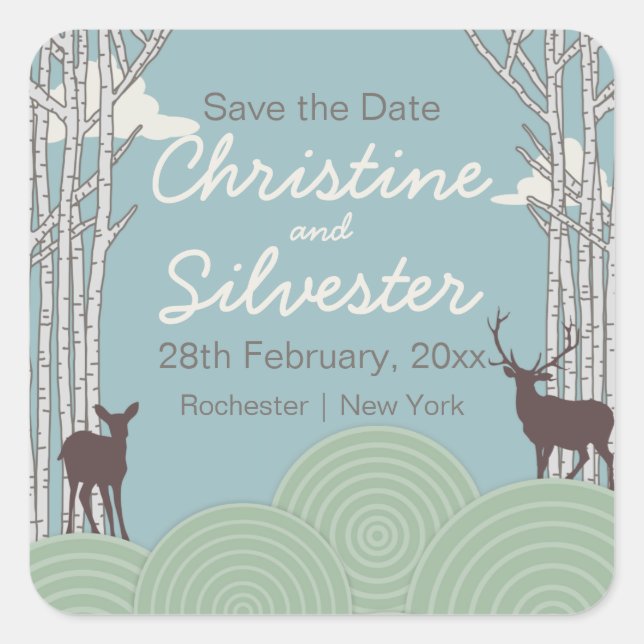 In the forest, save the date square sticker (Front)