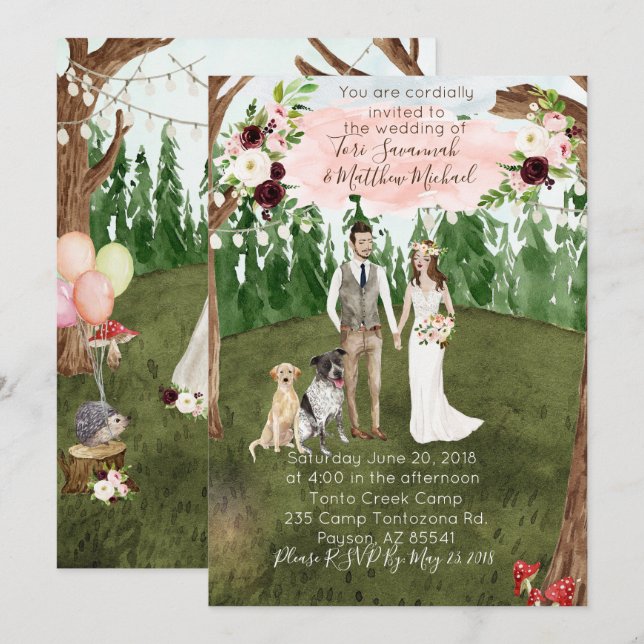 In The Forest Wedding Invitation with Dog-2 dogs (Front/Back)