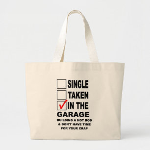 IN THE GARAGE BUILDING A HOT ROD LARGE TOTE BAG