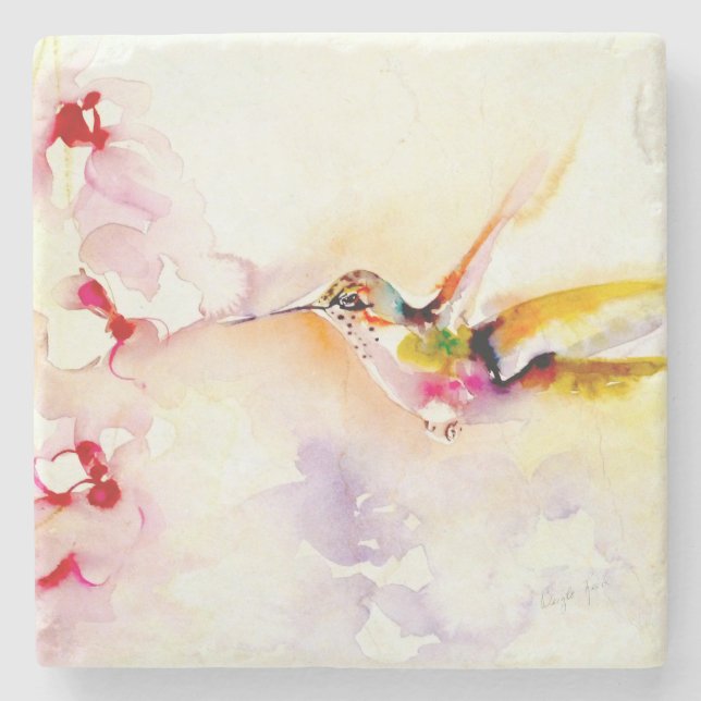 "In the Pink" Hummingbird  Stone Coaster (Front)