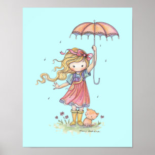 In the Rain Little Girl and Kitten Nursery Art Poster