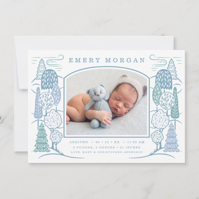 In The Tree Top Birth Announcement Blue (Front)