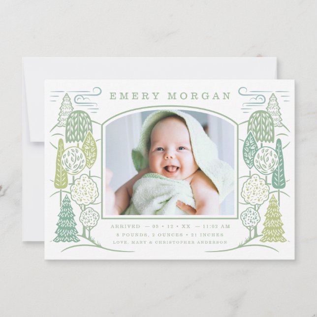 In The Tree Top Birth Announcement Green (Front)