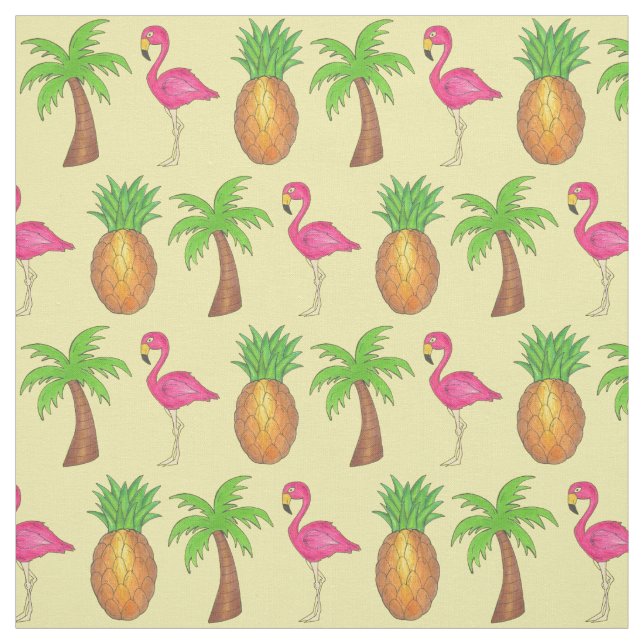 In The Tropics Pineapple Flamingo Palm Tree Beach Fabric (Swatch)