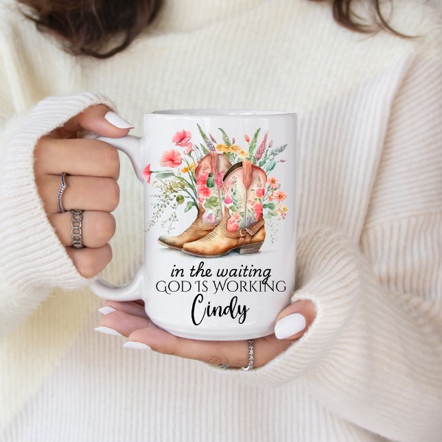 In the Waiting God is Working | Personalised Name  Coffee Mug (Encourage the one you love with this beautiful God is Working quote. )