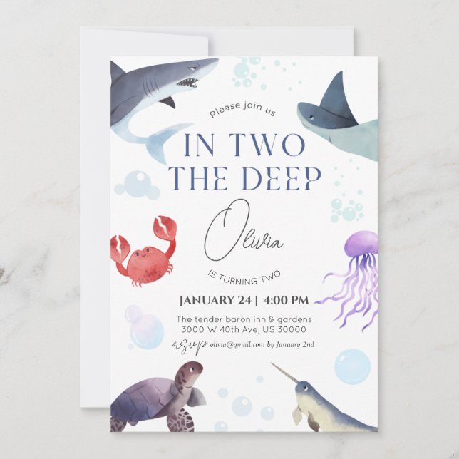 In two the deep, ocean, underwater 2nd birthday  invitation (Front)