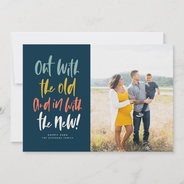 In with the new colourful happy new year photo car holiday card (Front)