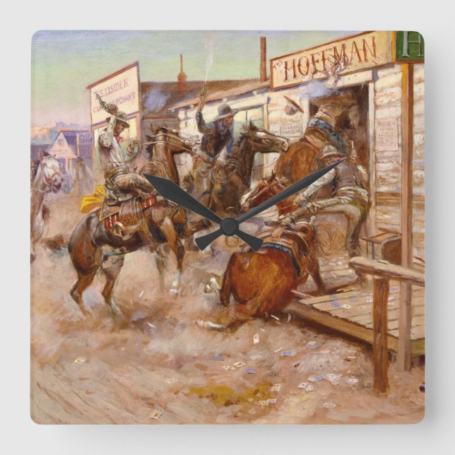 In Without Knocking, 1909 by Charles M Russell Square Wall Clock (Front)