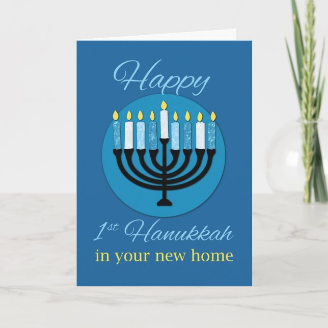 In Your New Home First Hanukkah Menorah on Blue Card (Front)