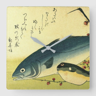 Inada & Fugu - Hiroshige's Japanese Fish Print Squ Square Wall Clock