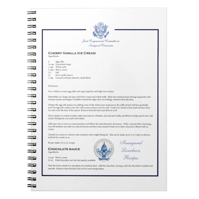 Inaugural Luncheon Recipe Cherry Vanilla Ice Cream Spiral Notebook (Front)