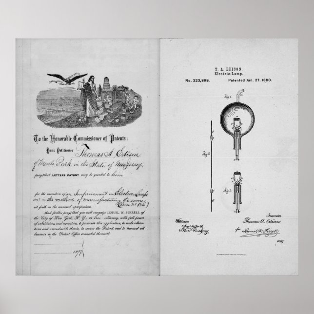 Incandescent Light Bulb by Thomas Edison Patent Poster (Front)
