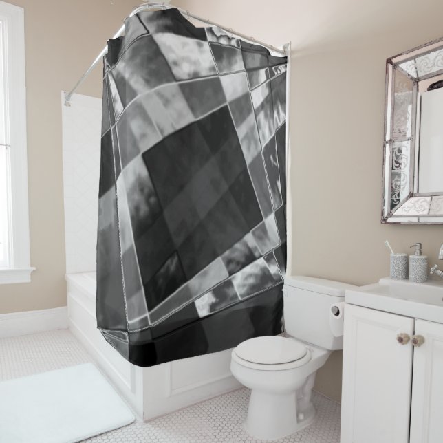 Inclined or stretched rectangles, black showy grey shower curtain (In Situ)