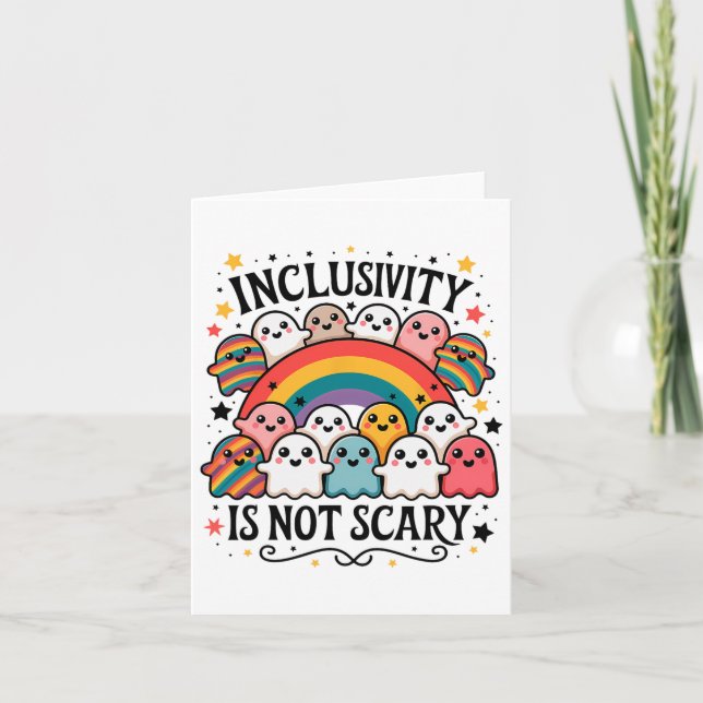 Inclusivity Is Not Scary – Cute Ghost Welcome Here Card (Front)