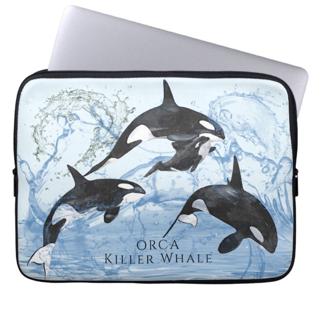 Incredible Black and White Watercolor Orcas Laptop Sleeve (Front)