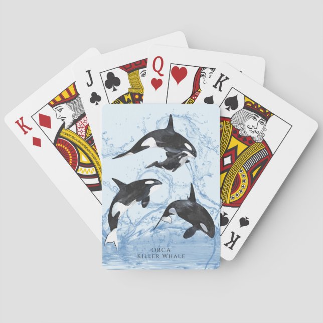 Incredible Black and White Watercolor Orcas Playing Cards (Back)