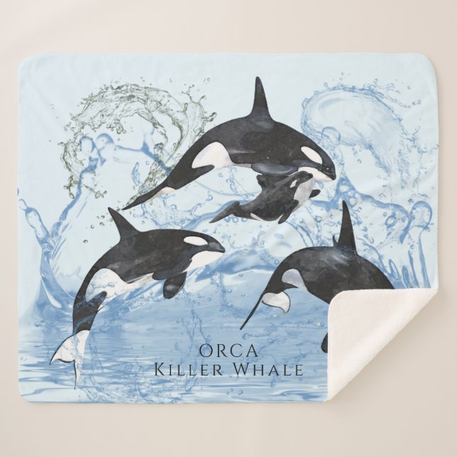 Incredible Black and White Watercolor Orcas Sherpa Blanket (Front (Horizontal))