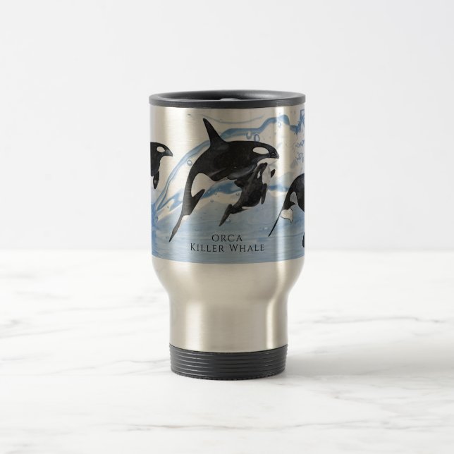 Incredible Black and White Watercolor Orcas Travel Mug (Center)