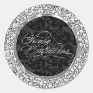 Incrusted Faux Diamond & Black Damask Circle Classic Round Sticker
