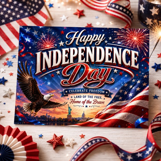 Independence Day Eagle Flag Fireworks USA American Postcard (Creator Uploaded)