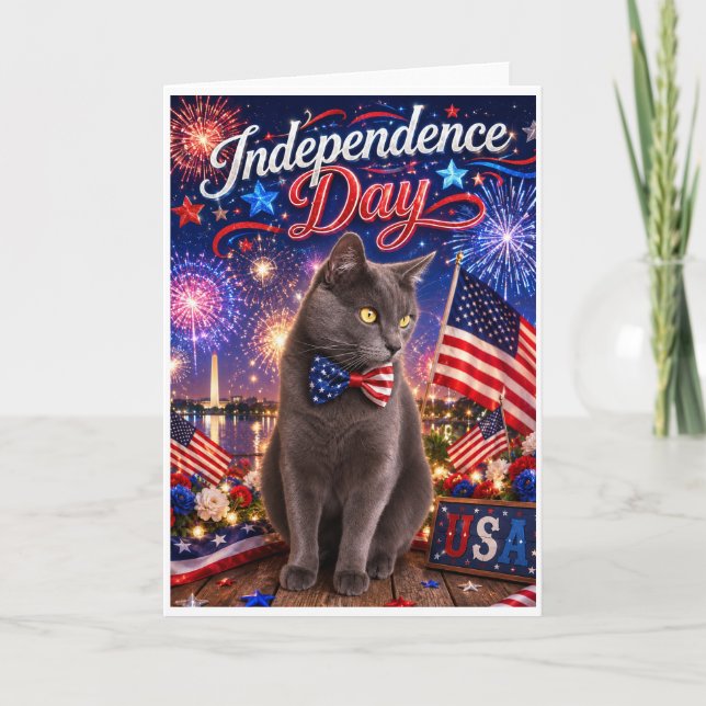 Independence Day Fireworks Cat Greeting Card (Front)