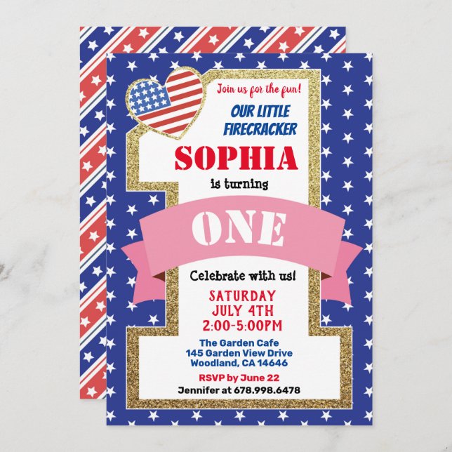 Independence Day Girl 1st First Birthday Party Invitation (Front/Back)