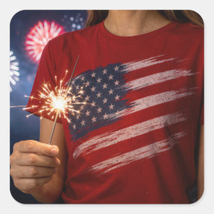 Independence Day Girl Holding a Sparkler Square Sticker