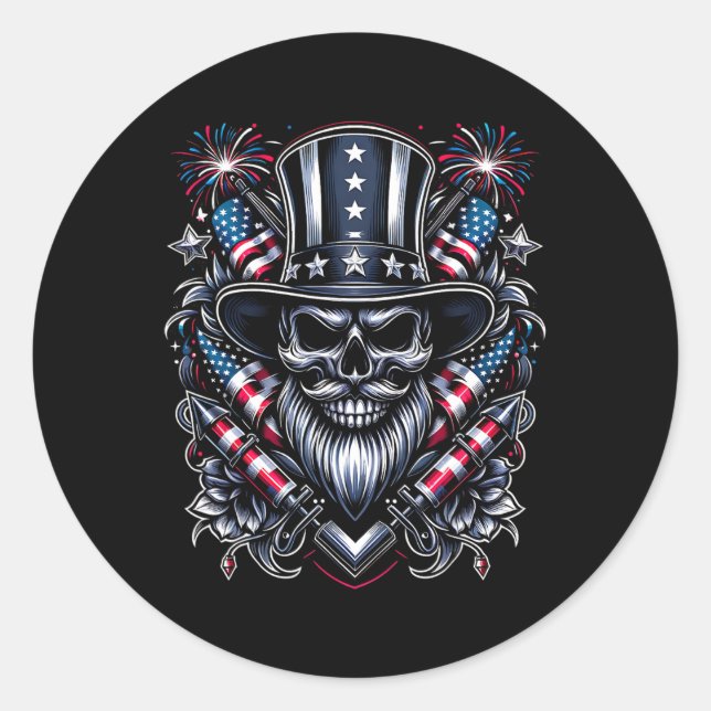 Independence Day Usa Patriot Bearded Skull! 4th Of Classic Round Sticker (Front)