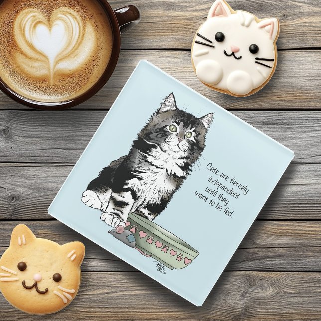 Independent Grey Tabby Blue Cute Funny Cat Glass Coaster (Creator Uploaded)