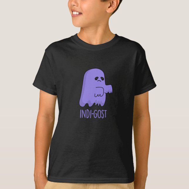 Indi-gost Funny Halloween Indigo Ghost Pun Dark BG T-Shirt (Front)