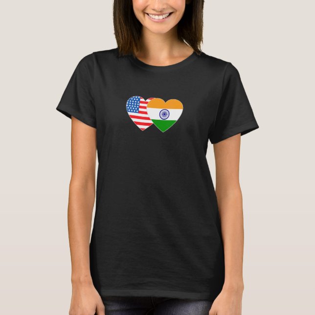 India and USA Flag Twin Heart for Indian Americans T-Shirt (Front)