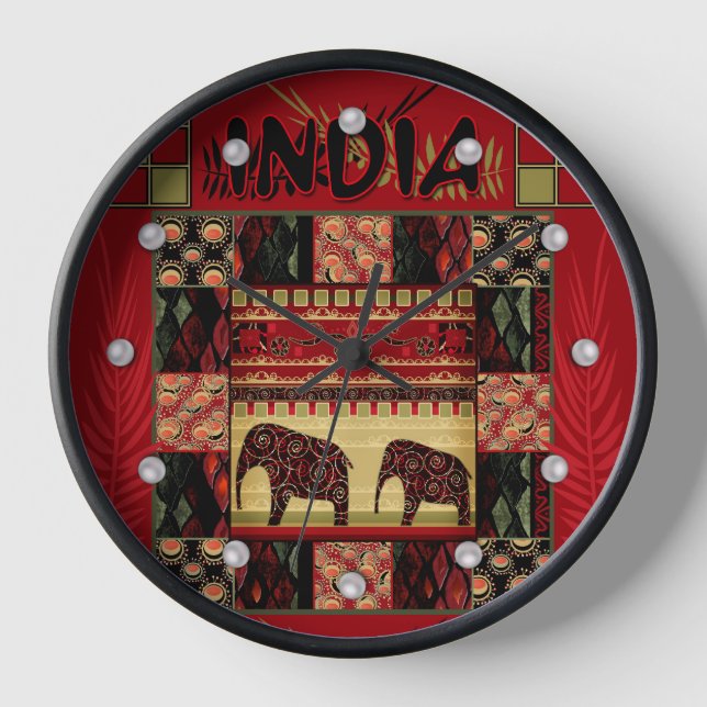 India ethnic patchwork elephants  clock (Front)