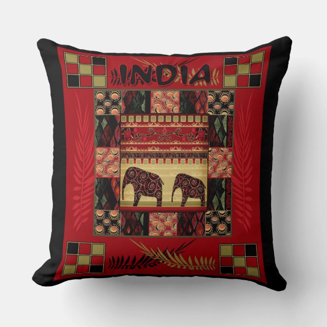 India ethnic patchwork elephants cushion (Front)